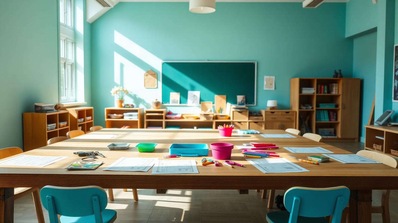 Klaslokaal met lesmaterialen op tafel
